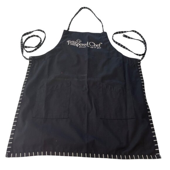 The Pampered Chef Black Apron With Pockets & Striped Trim 1n - Picture 1 of 7